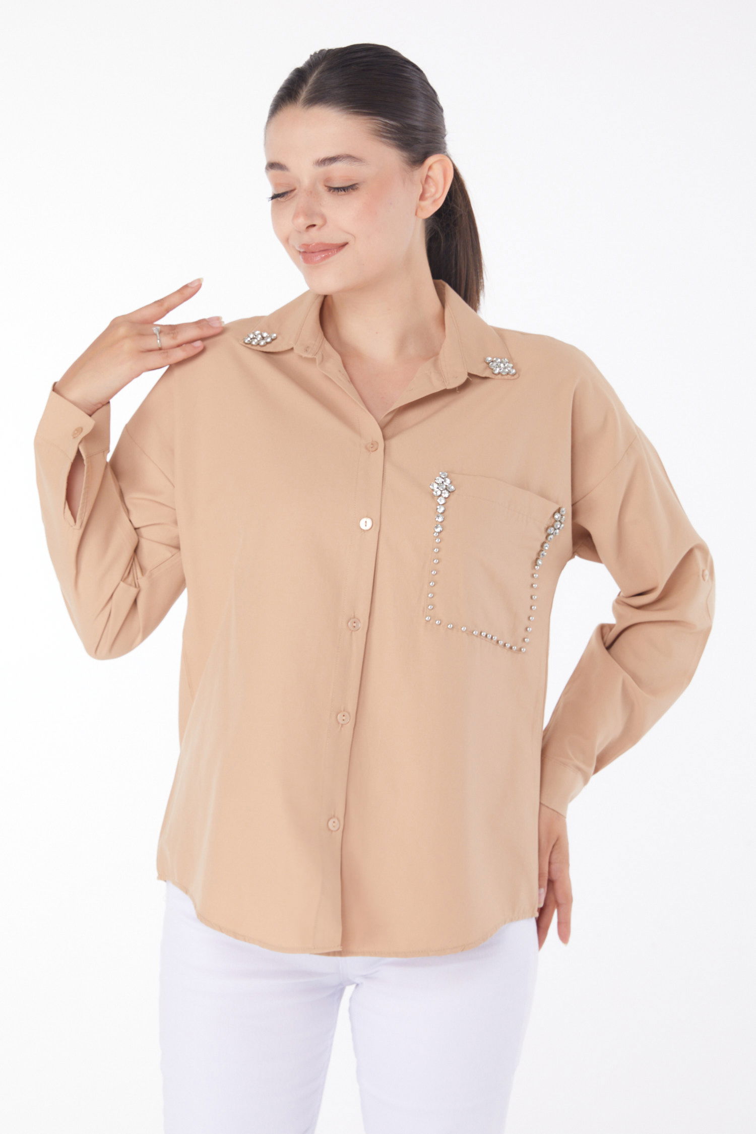 Düz Gömlek Yaka Kadın Vizon Taşlı Gömlek - 25909 - 2