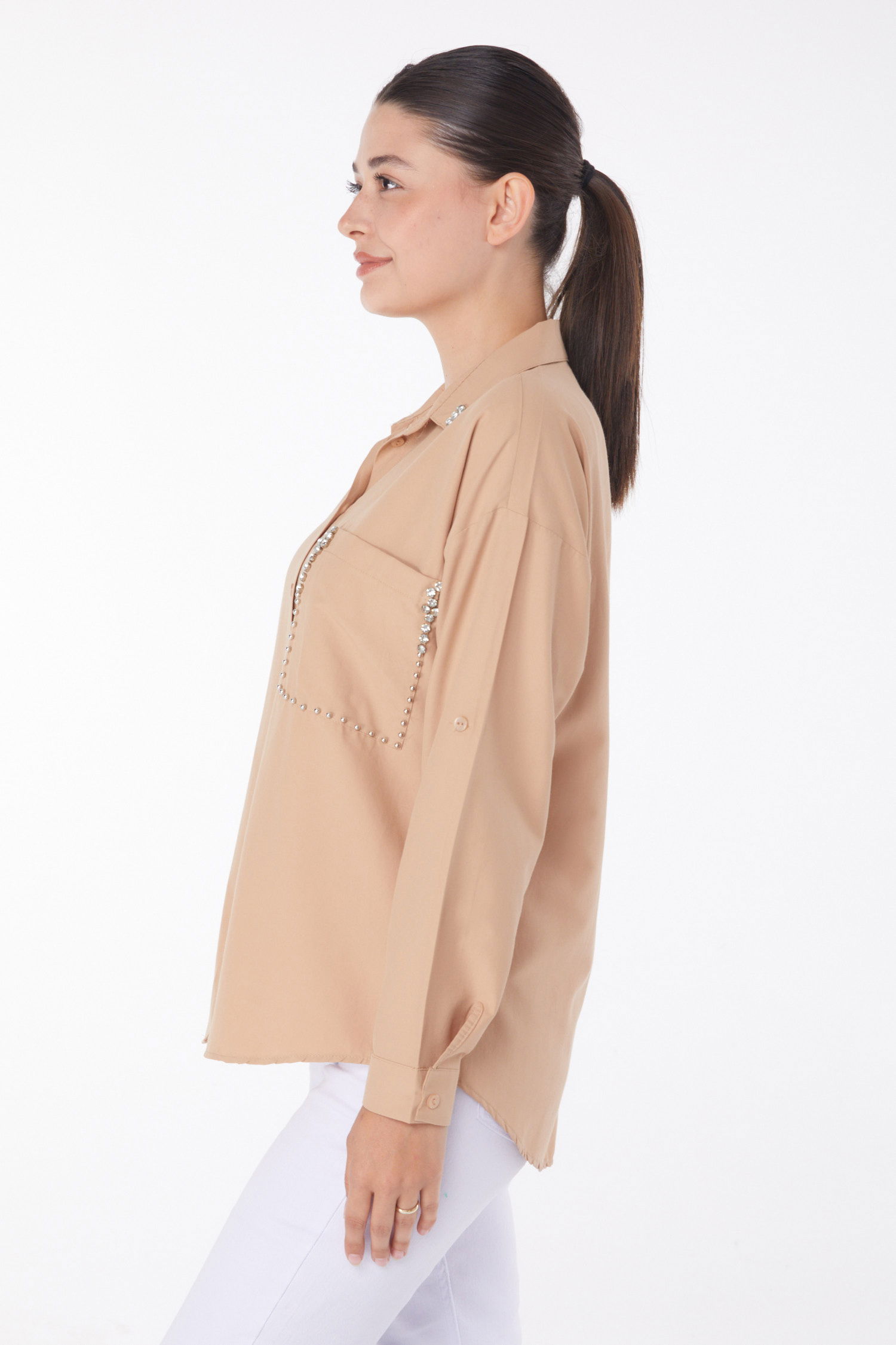 Düz Gömlek Yaka Kadın Vizon Taşlı Gömlek - 25909 - 3