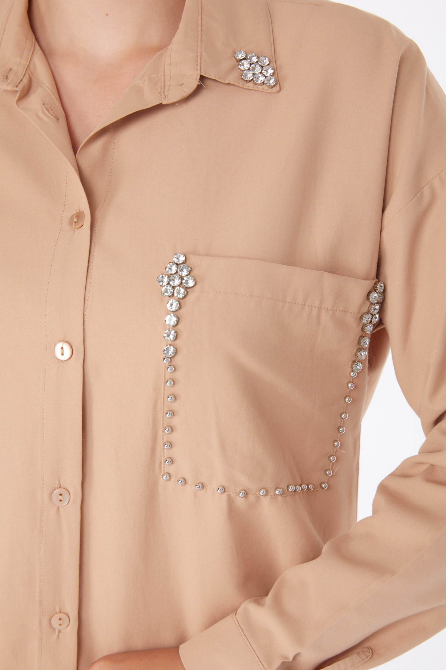 Düz Gömlek Yaka Kadın Vizon Taşlı Gömlek - 25909 - 5