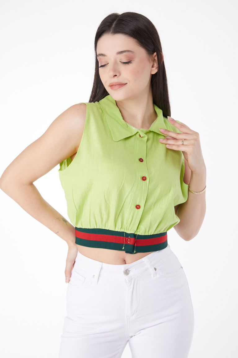 Düz Gömlek Yaka Kadın Yağ Yeşili Etek Lastik Detaylı Crop - 13162 - TOFİSA