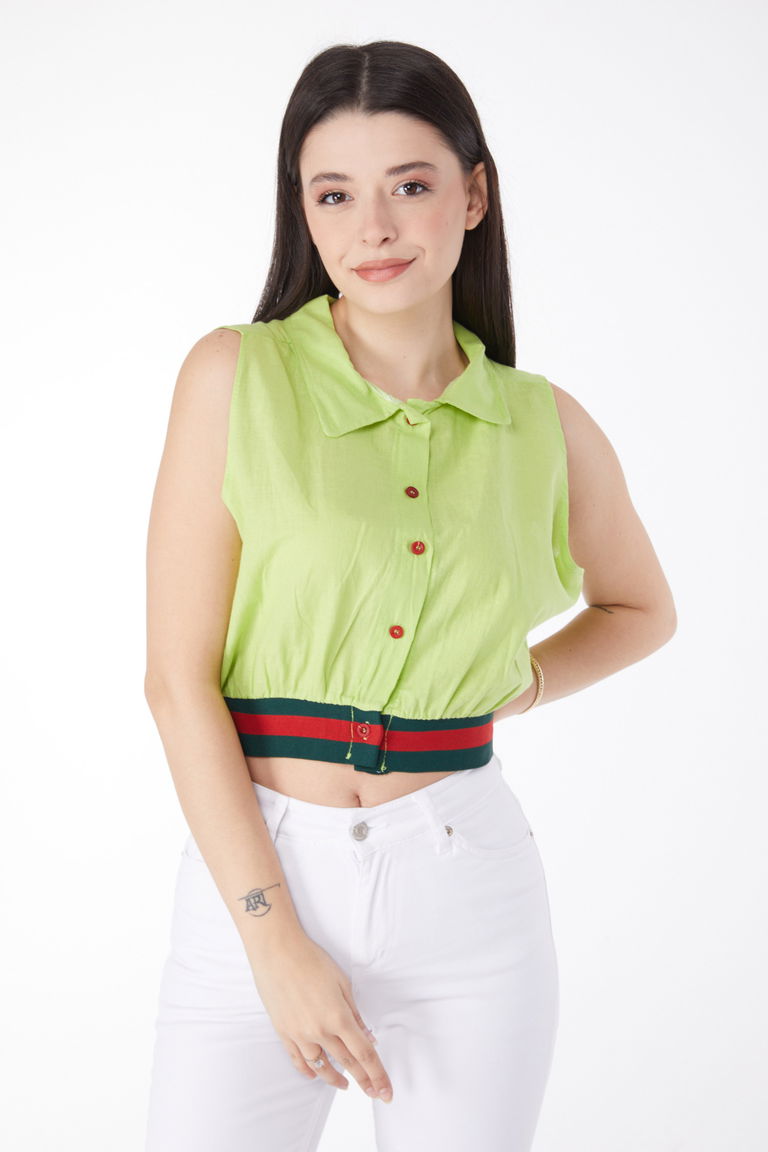 Düz Gömlek Yaka Kadın Yağ Yeşili Etek Lastik Detaylı Crop - 13162 - TOFİSA