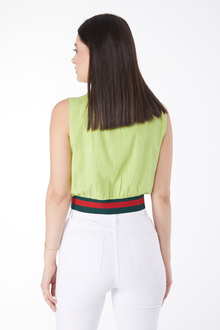 Düz Gömlek Yaka Kadın Yağ Yeşili Etek Lastik Detaylı Crop - 13162 - TOFİSA