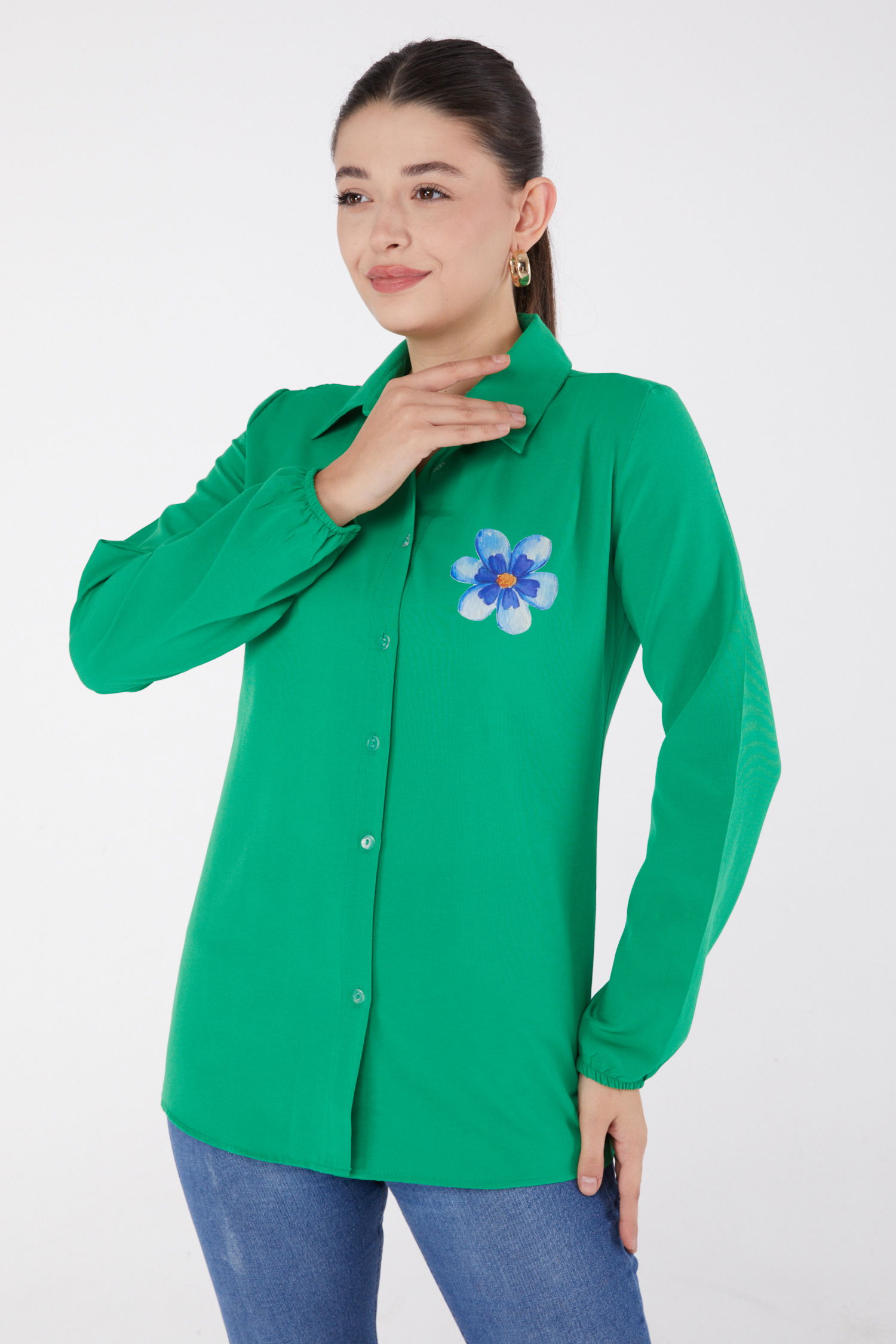 Düz Gömlek Yaka Kadın Yesil Baskılı Gömlek - 13338 - 1