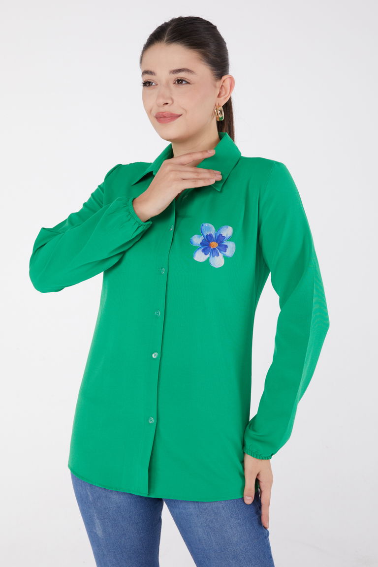 Düz Gömlek Yaka Kadın Yesil Baskılı Gömlek - 13338 - TOFİSA