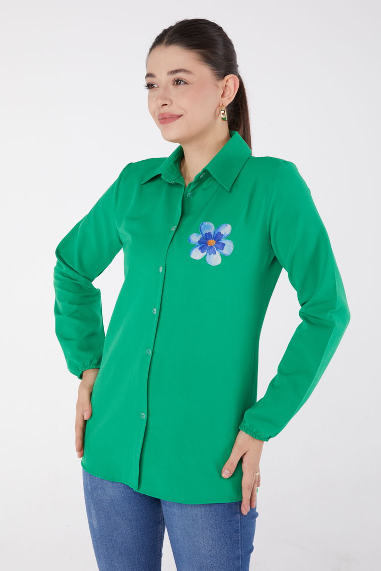Düz Gömlek Yaka Kadın Yesil Baskılı Gömlek - 13338 - TOFİSA