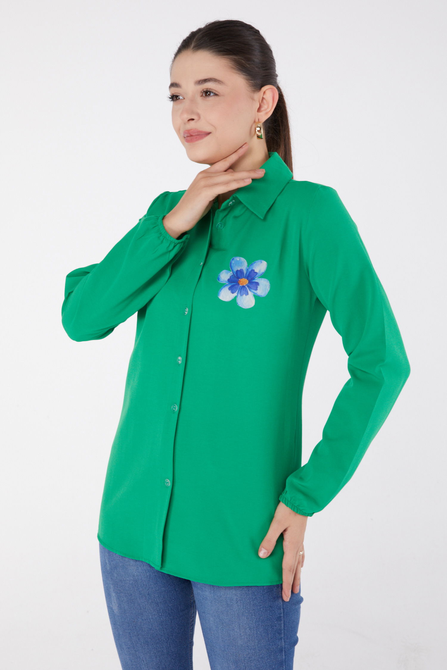 Düz Gömlek Yaka Kadın Yesil Baskılı Gömlek - 13338 - 3