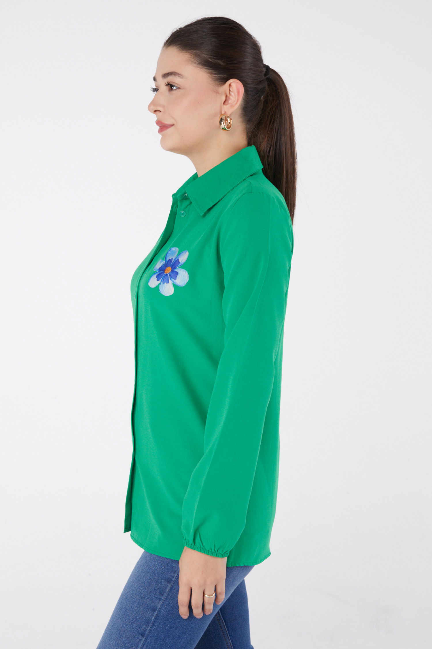 Düz Gömlek Yaka Kadın Yesil Baskılı Gömlek - 13338 - 4