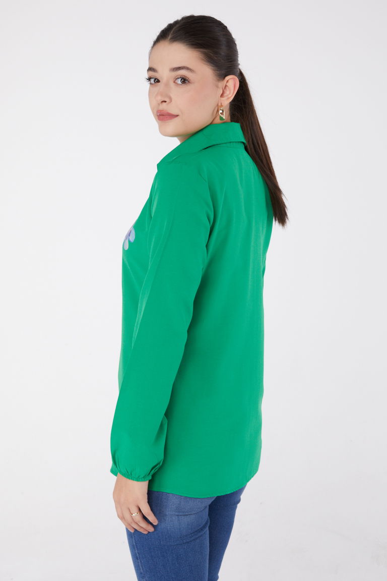 Düz Gömlek Yaka Kadın Yesil Baskılı Gömlek - 13338 - TOFİSA