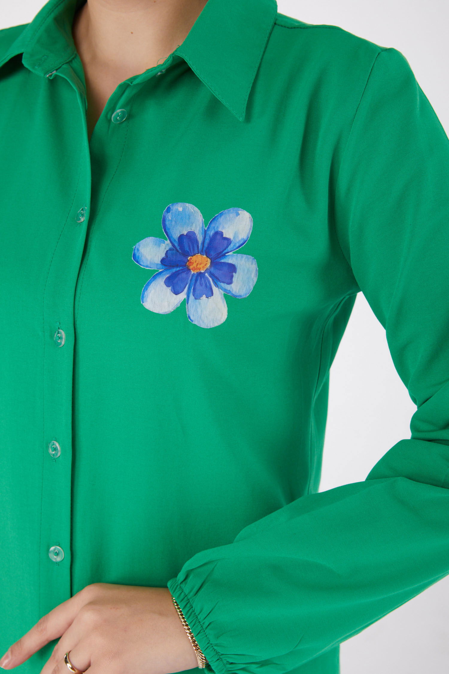 Düz Gömlek Yaka Kadın Yesil Baskılı Gömlek - 13338 - 6