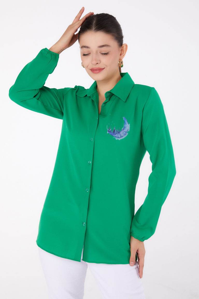 Düz Gömlek Yaka Kadın Yesil Baskılı Gömlek - 13339 - TOFİSA