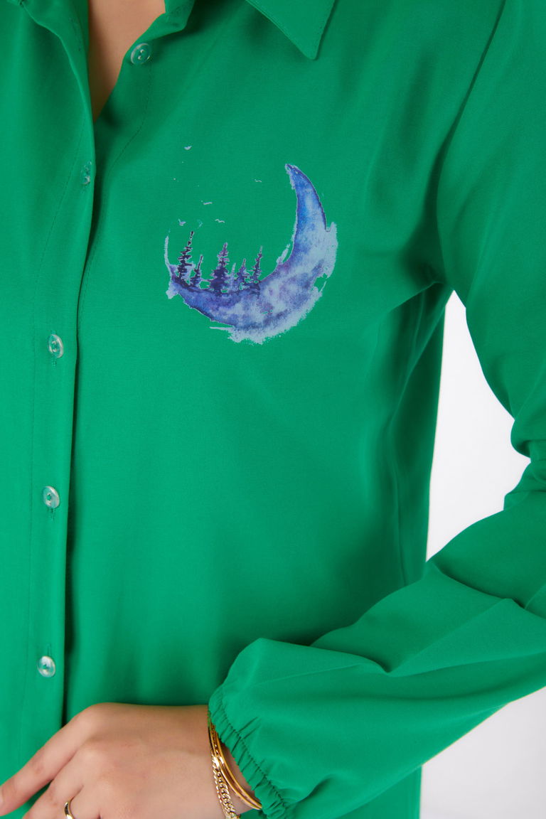 Düz Gömlek Yaka Kadın Yesil Baskılı Gömlek - 13339 - TOFİSA