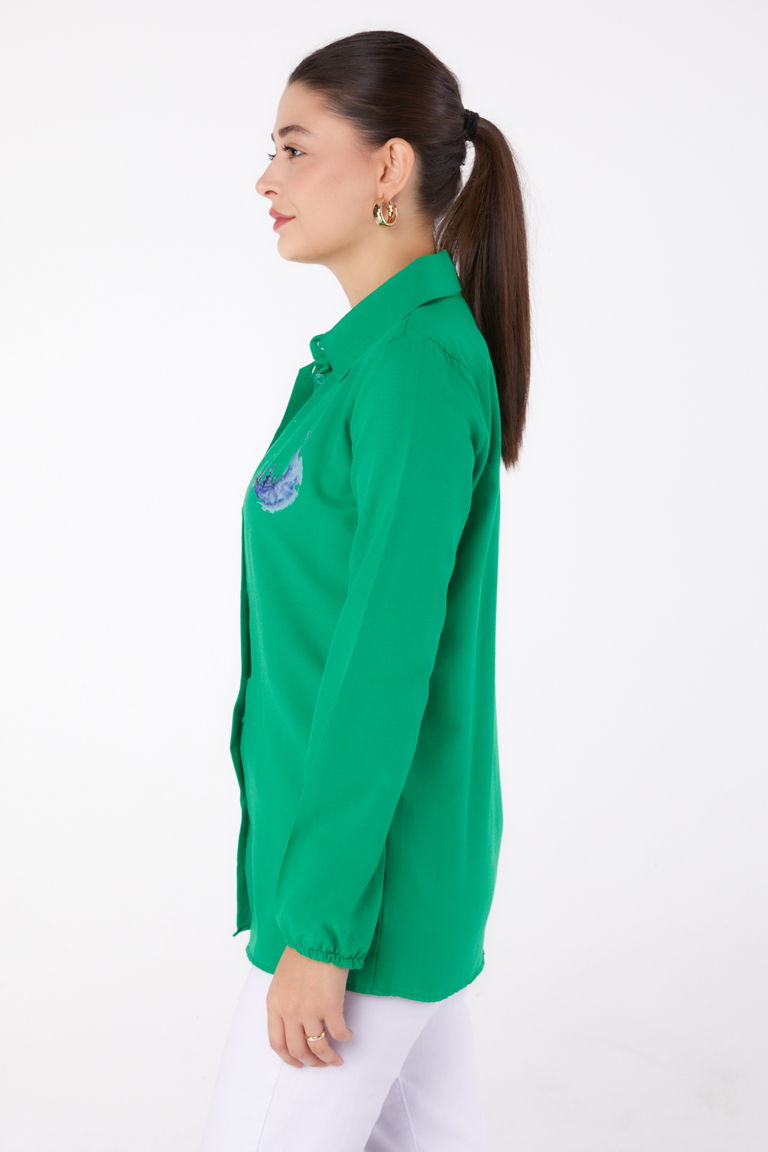 Düz Gömlek Yaka Kadın Yesil Baskılı Gömlek - 13339 - TOFİSA