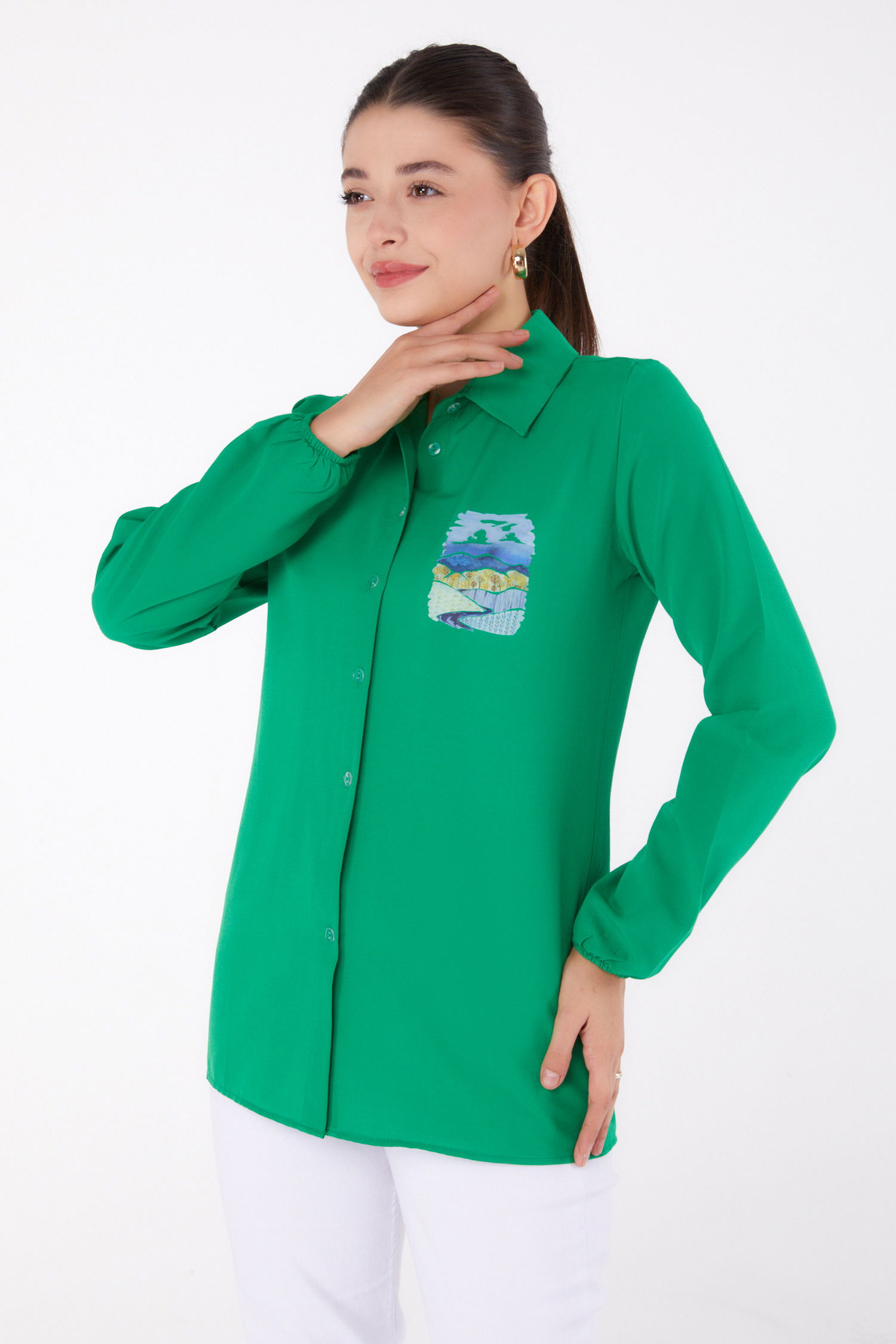 Baskılı Gömlek Yesil - 13340 - 3