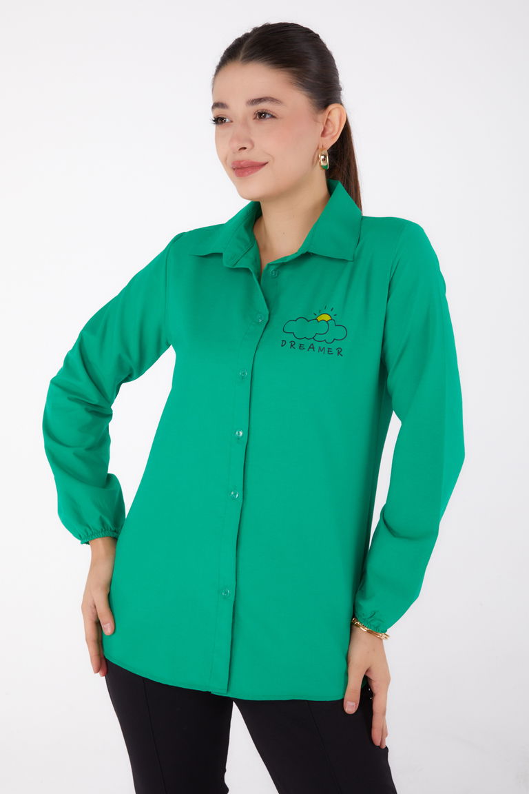 Düz Gömlek Yaka Kadın Yesil Baskılı Gömlek - 13342 - TOFİSA