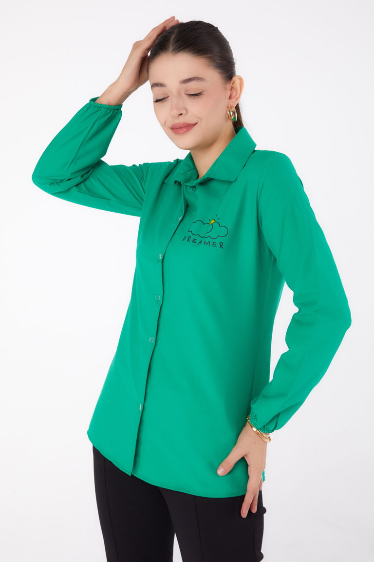 Düz Gömlek Yaka Kadın Yesil Baskılı Gömlek - 13342 - TOFİSA