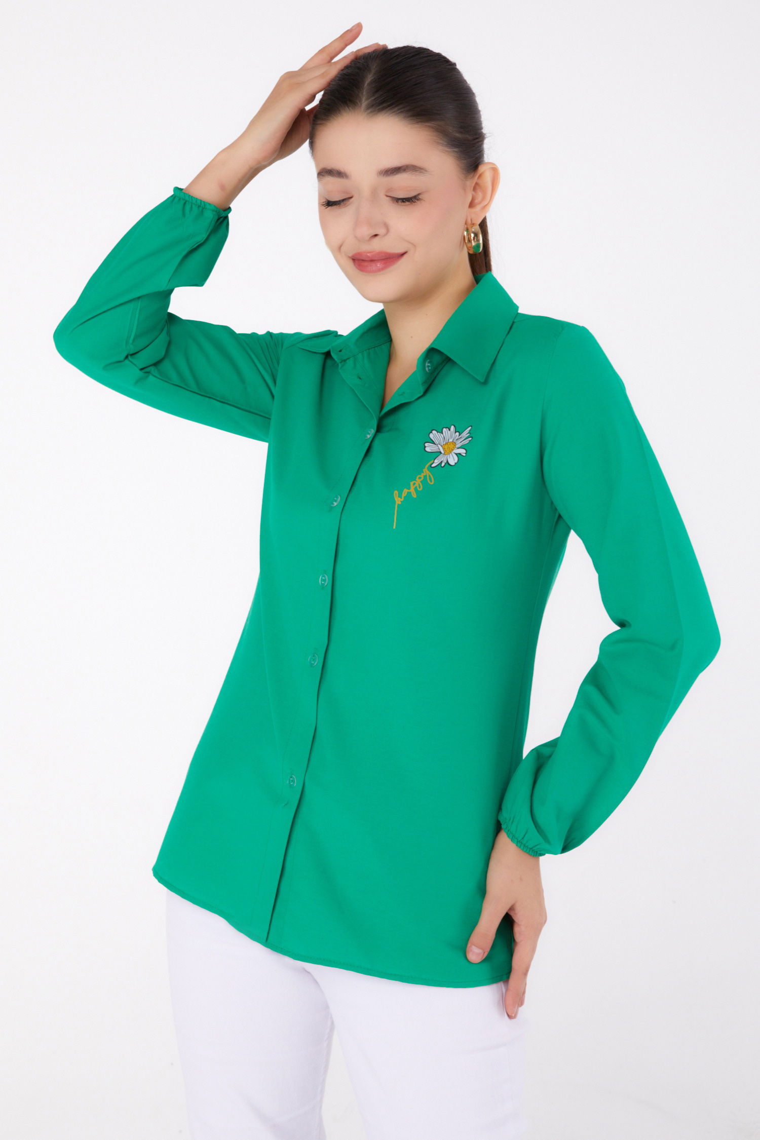 Düz Gömlek Yaka Kadın Yesil Baskılı Gömlek - 13343 - 1