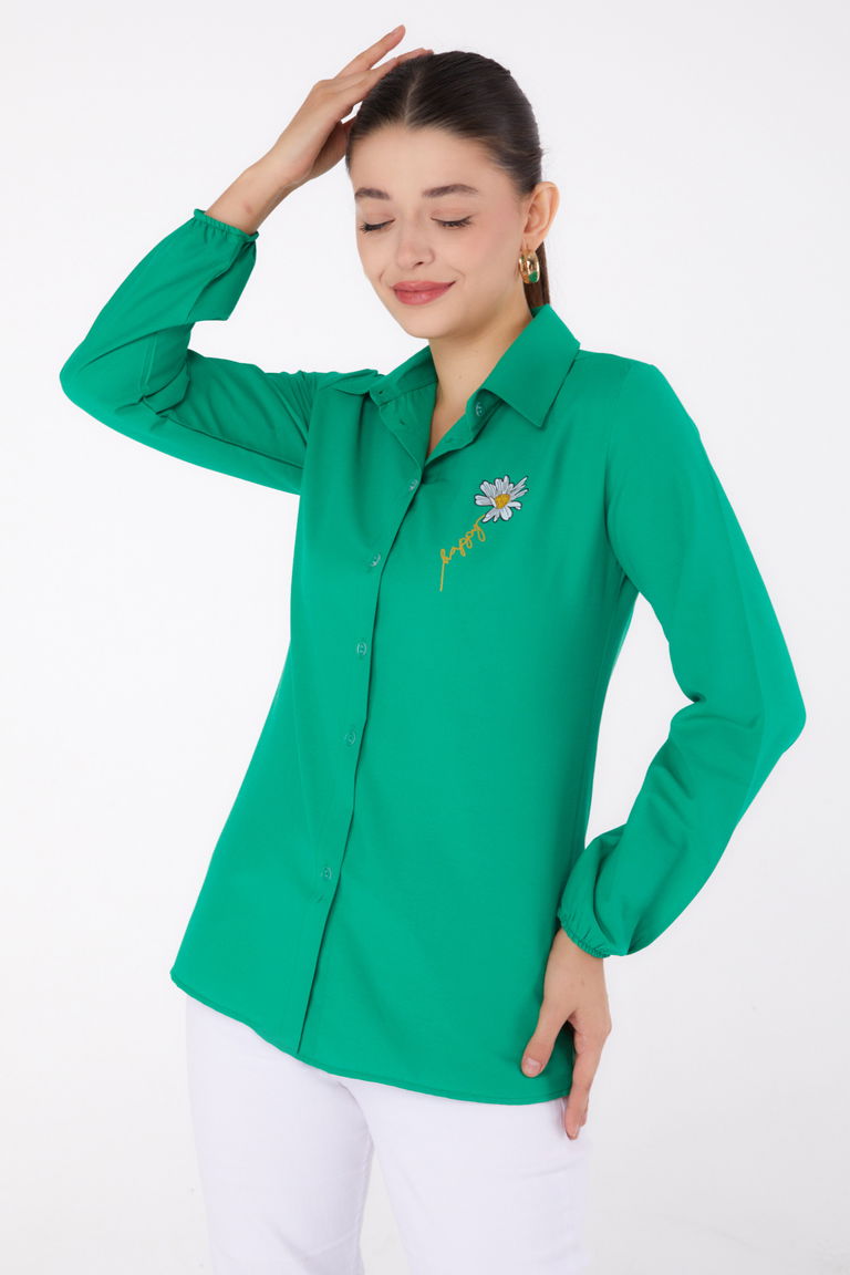 Düz Gömlek Yaka Kadın Yesil Baskılı Gömlek - 13343 - TOFİSA