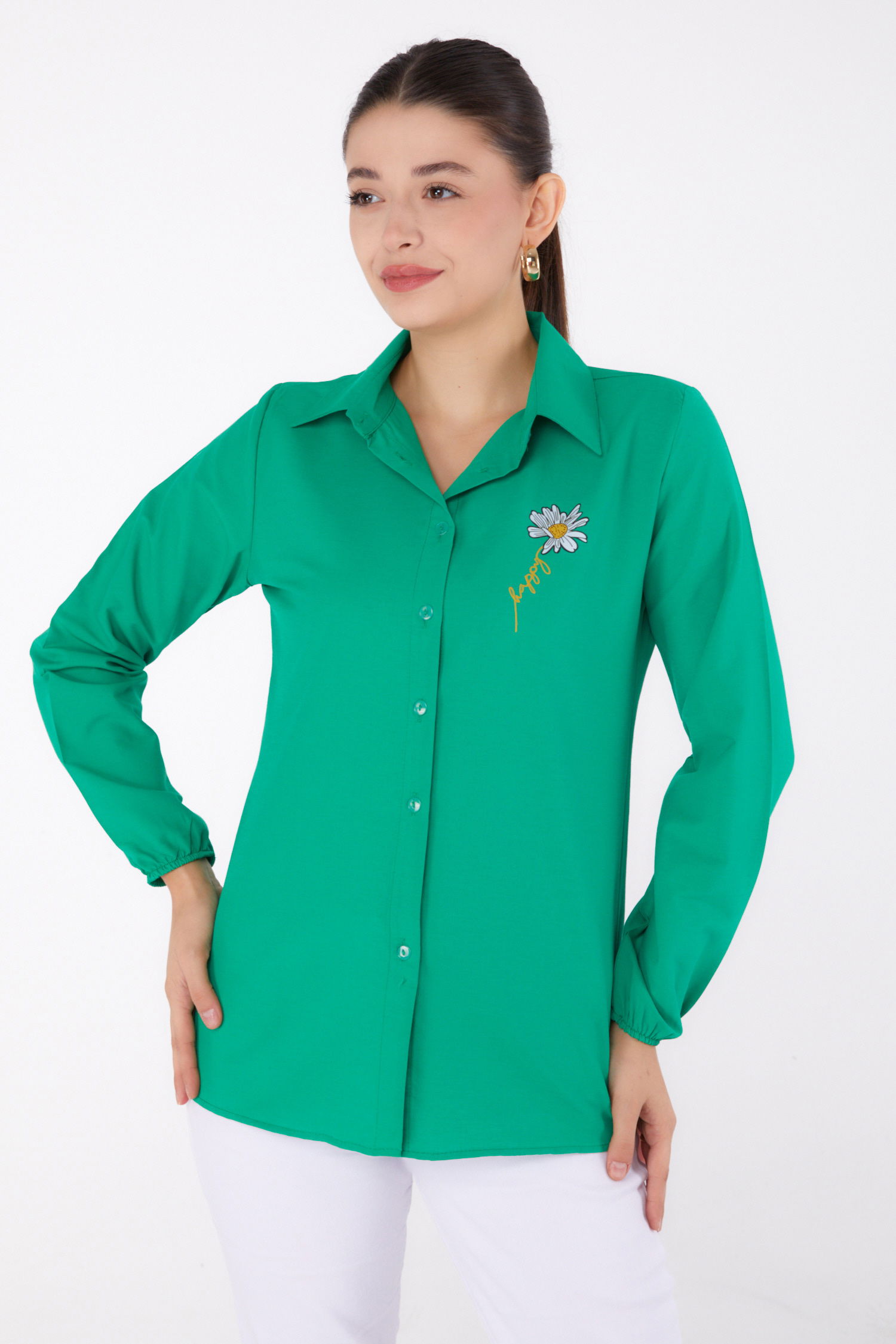 Düz Gömlek Yaka Kadın Yesil Baskılı Gömlek - 13343 - 2