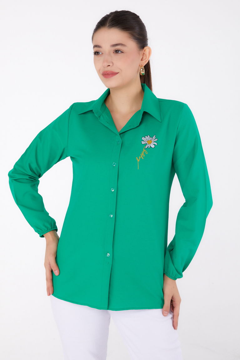 Düz Gömlek Yaka Kadın Yesil Baskılı Gömlek - 13343 - TOFİSA
