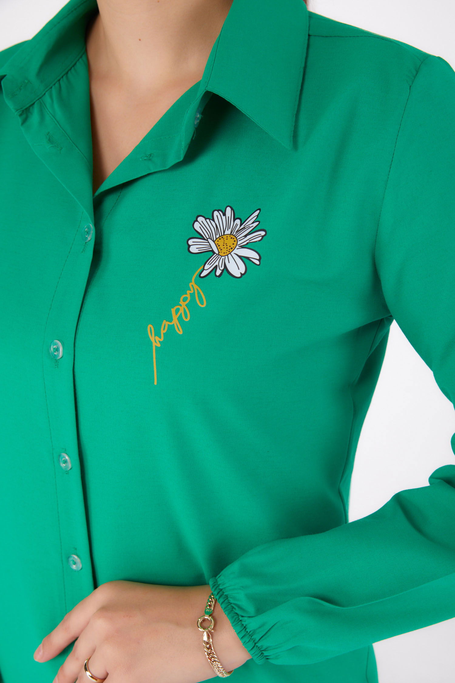 Düz Gömlek Yaka Kadın Yesil Baskılı Gömlek - 13343 - 6