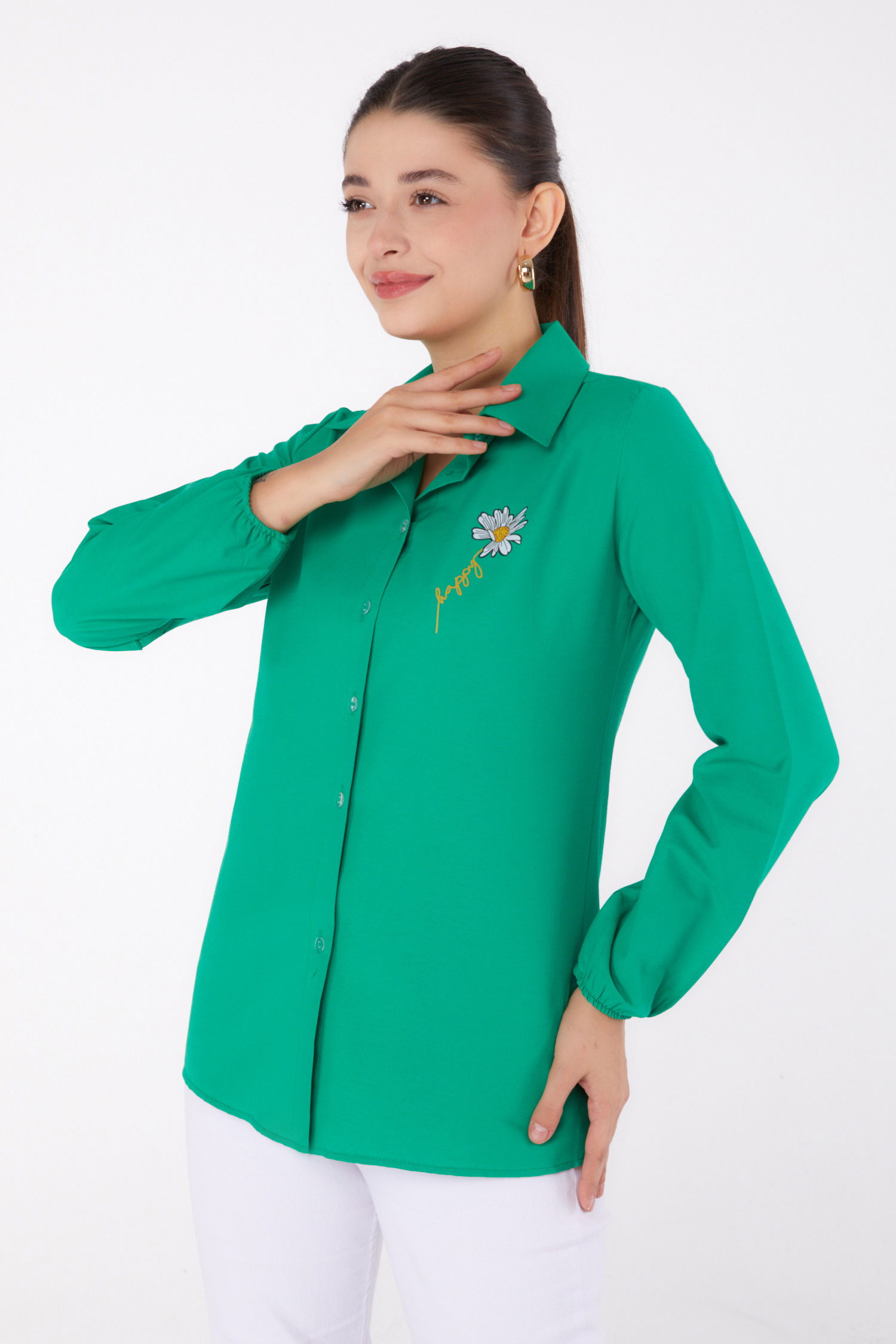 Düz Gömlek Yaka Kadın Yesil Baskılı Gömlek - 13343 - 3