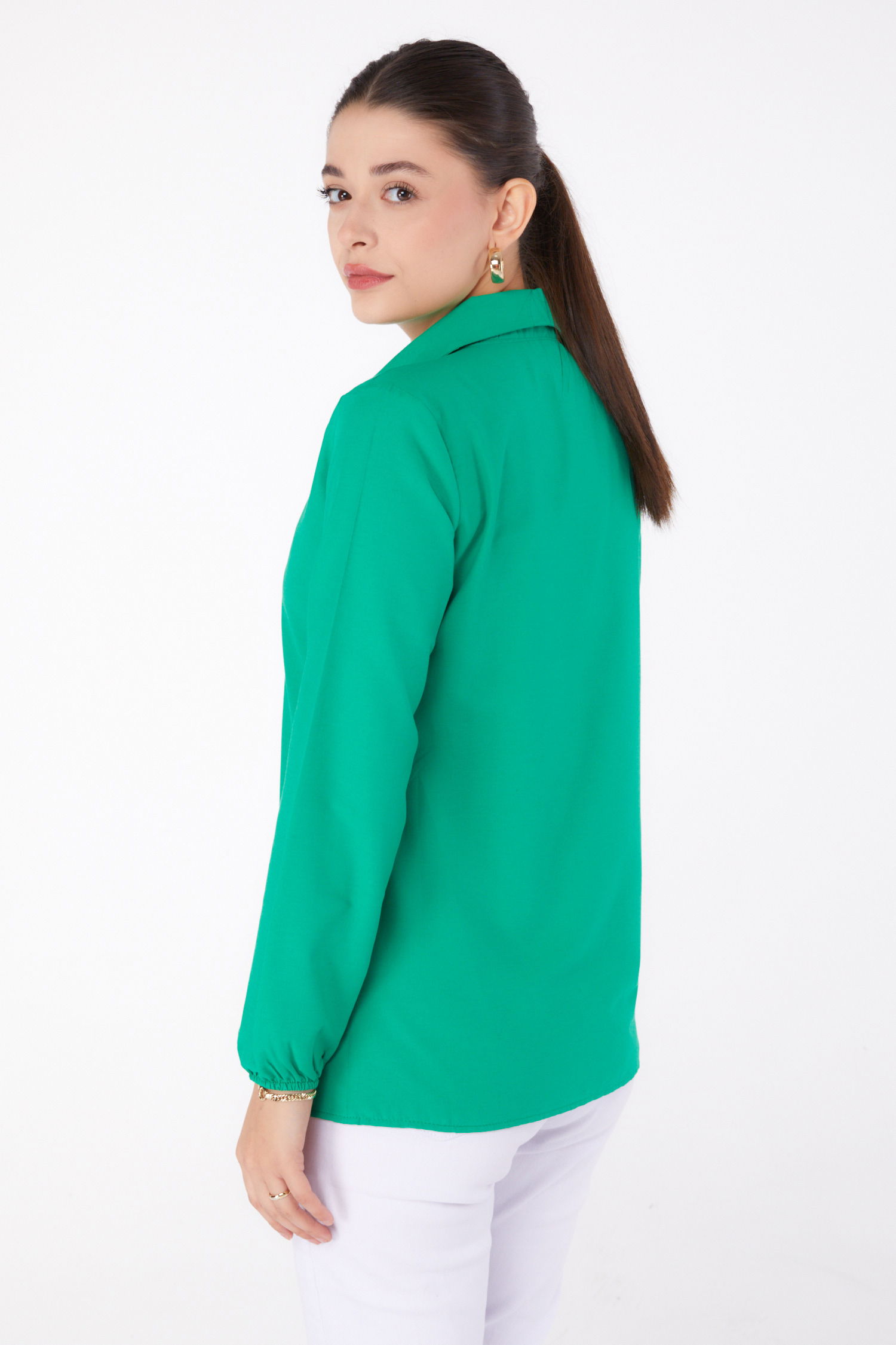 Düz Gömlek Yaka Kadın Yesil Baskılı Gömlek - 13343 - 5