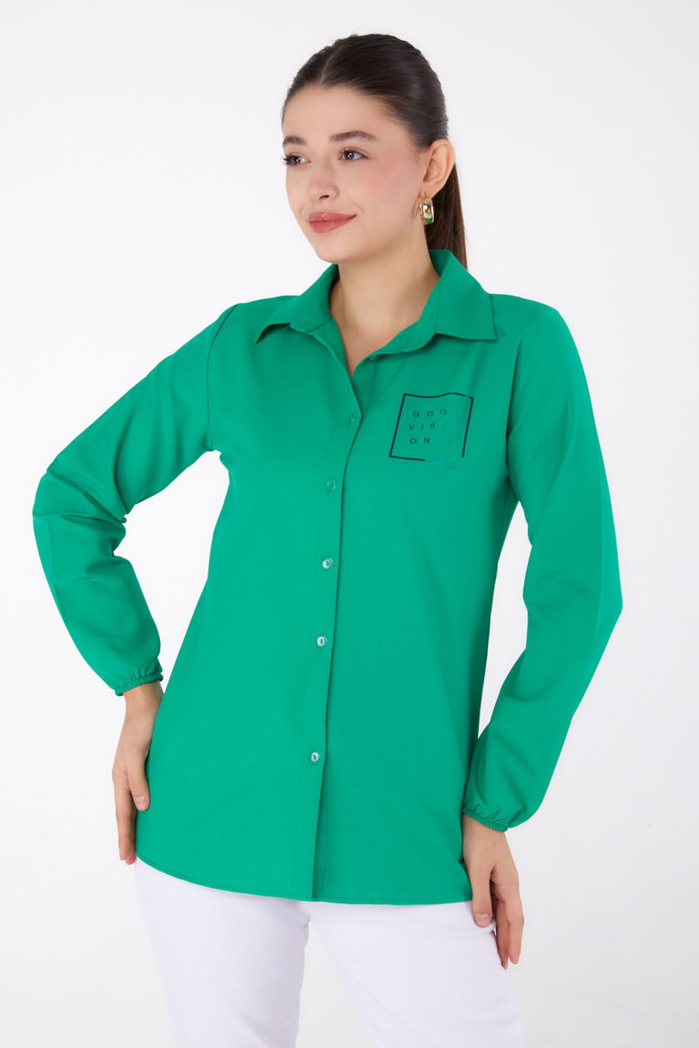 Düz Gömlek Yaka Kadın Yesil Baskılı Gömlek - 13344 - TOFİSA