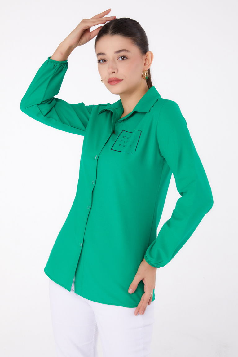 Düz Gömlek Yaka Kadın Yesil Baskılı Gömlek - 13344 - TOFİSA