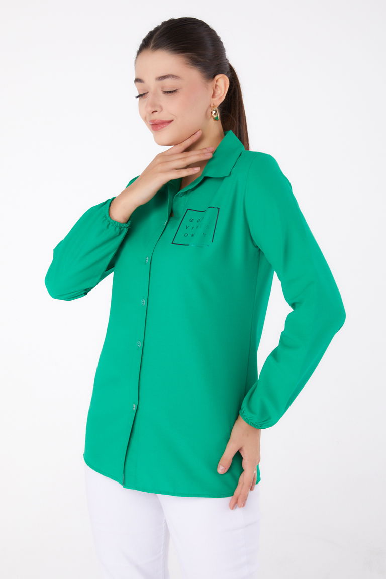 Düz Gömlek Yaka Kadın Yesil Baskılı Gömlek - 13344 - TOFİSA