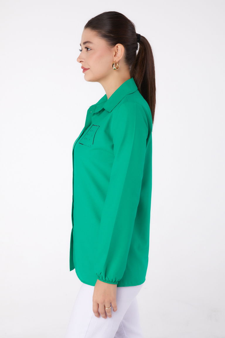 Düz Gömlek Yaka Kadın Yesil Baskılı Gömlek - 13344 - TOFİSA