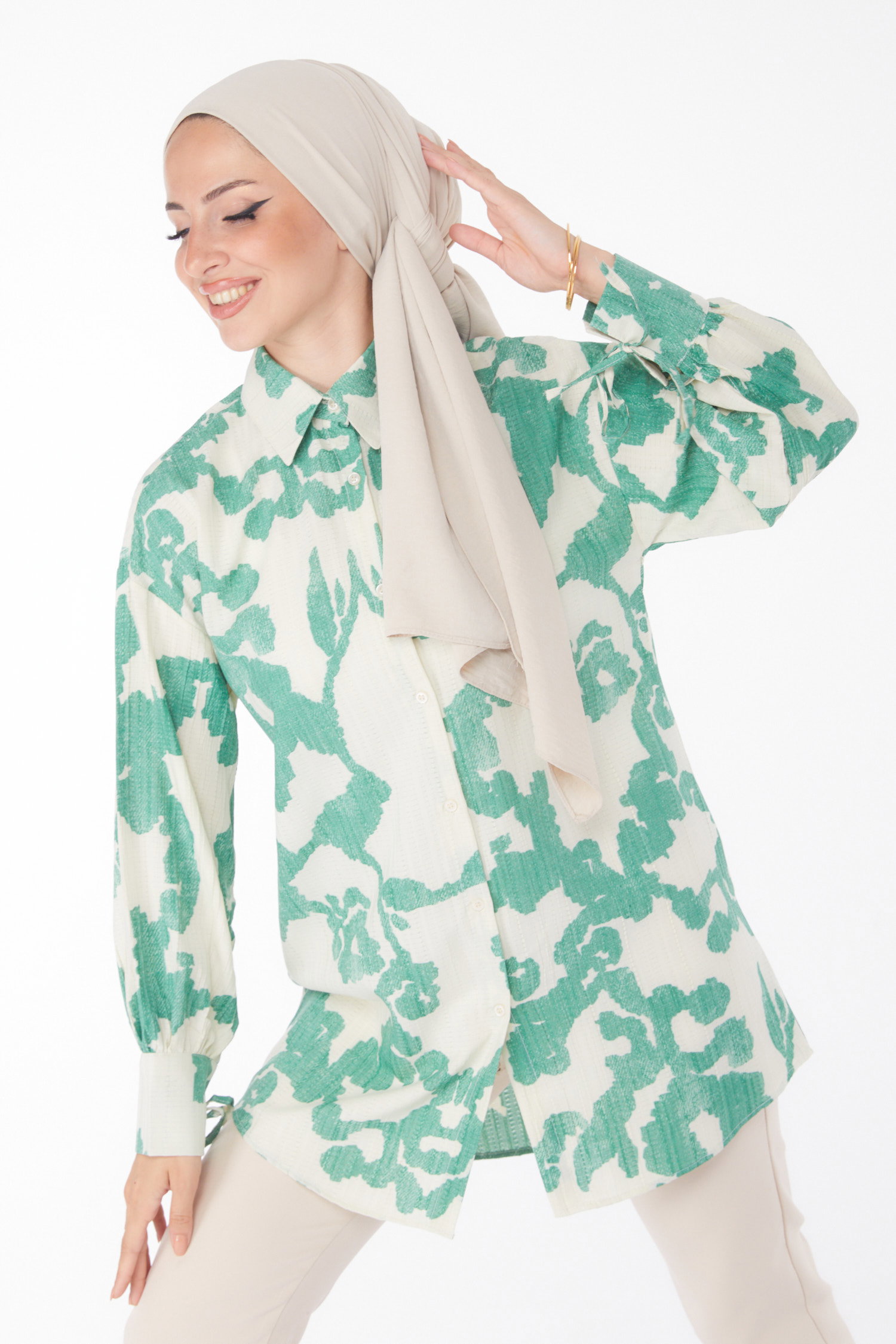 Desenli Gömlek Yesil - 25258 - 1