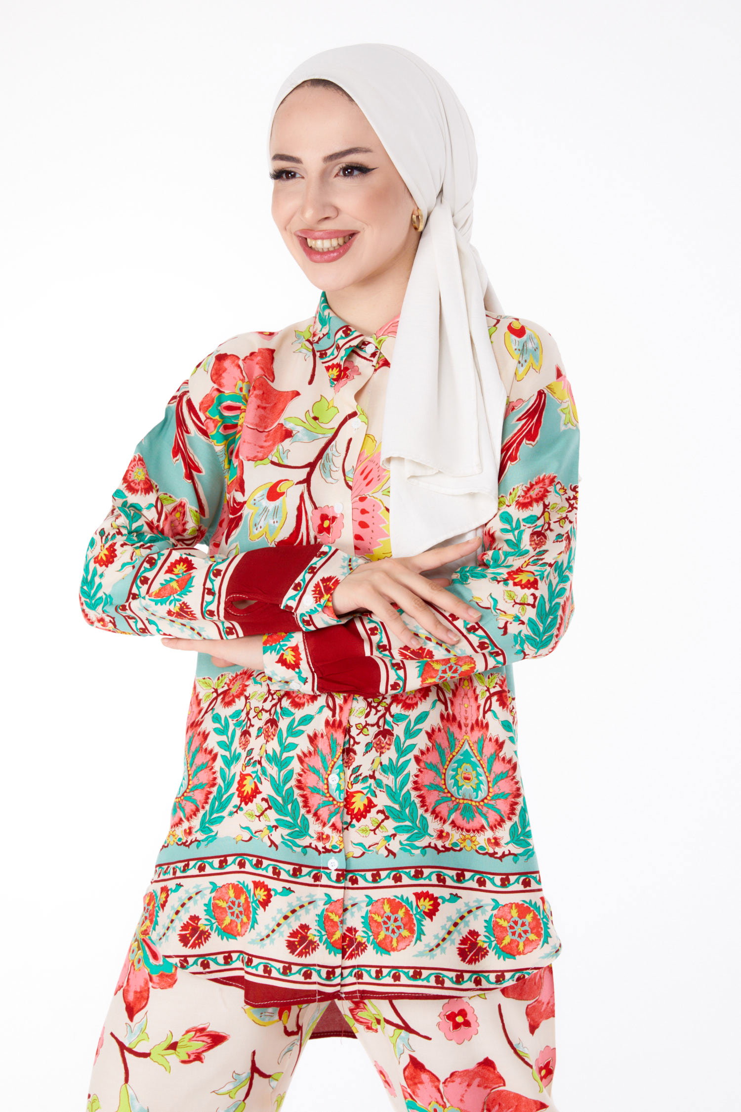 Düz Gömlek Yaka Kadın Yesil Desenli Tunik Pantolon - 25604 - 2