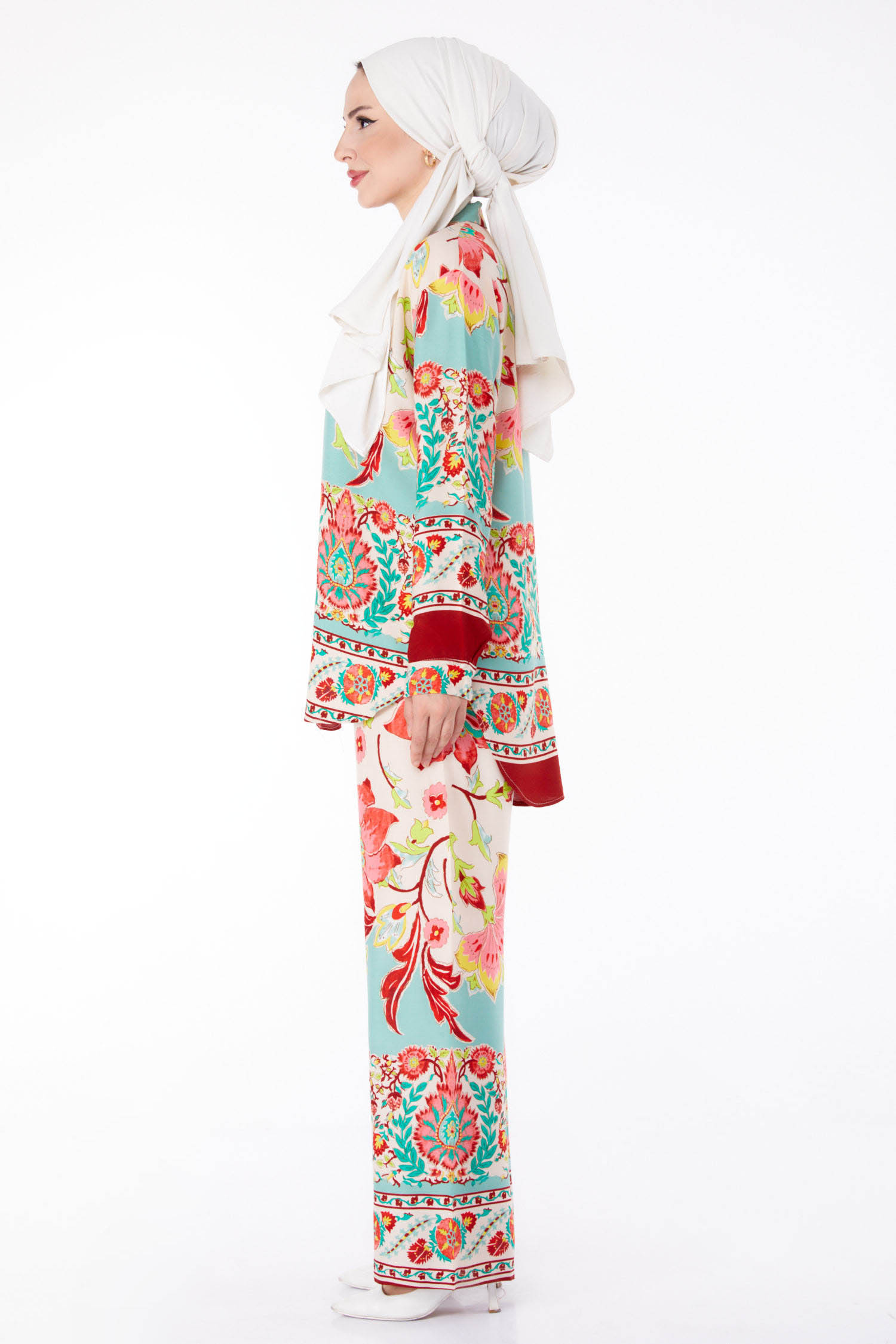 Düz Gömlek Yaka Kadın Yesil Desenli Tunik Pantolon - 25604 - 3