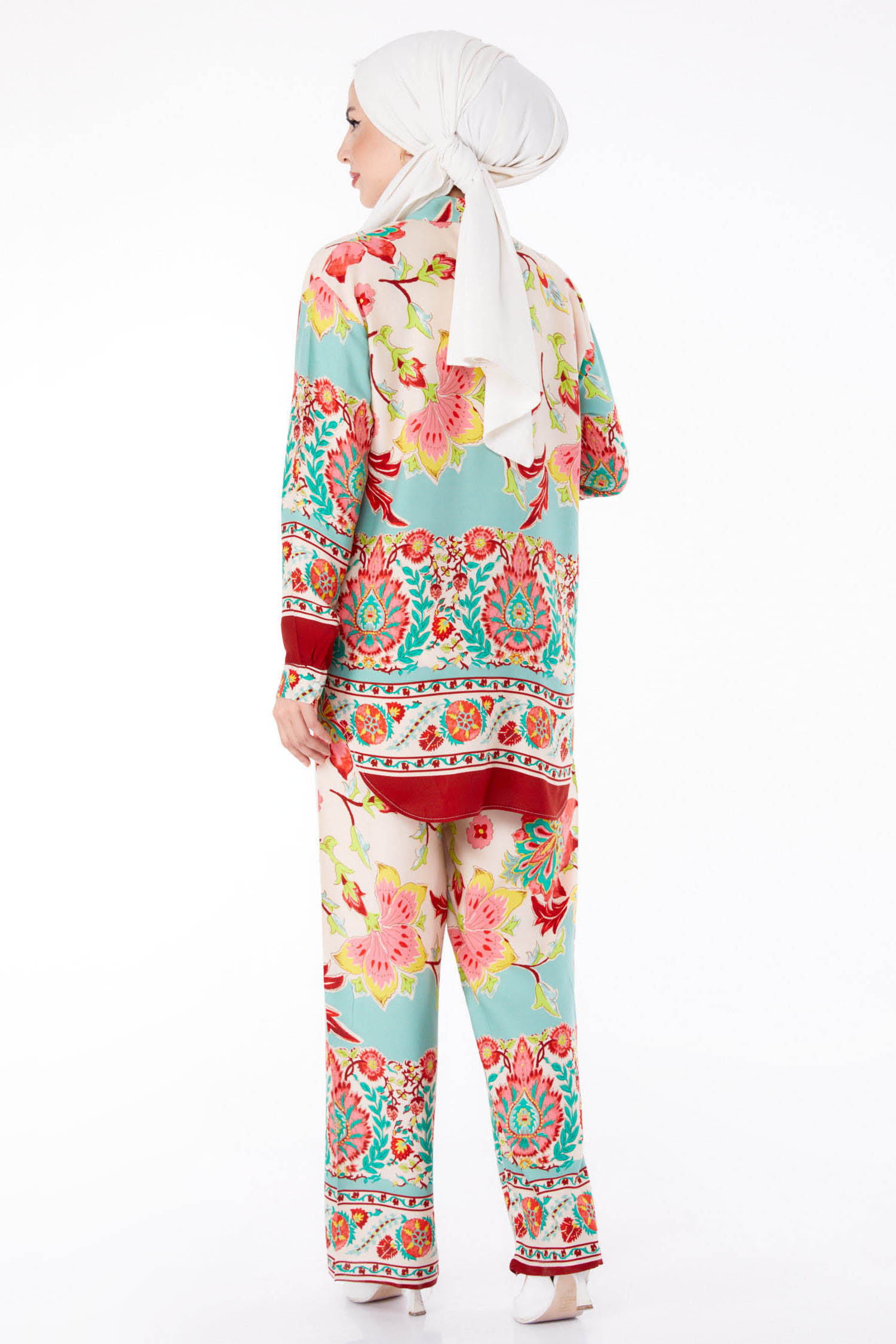 Düz Gömlek Yaka Kadın Yesil Desenli Tunik Pantolon - 25604 - 4