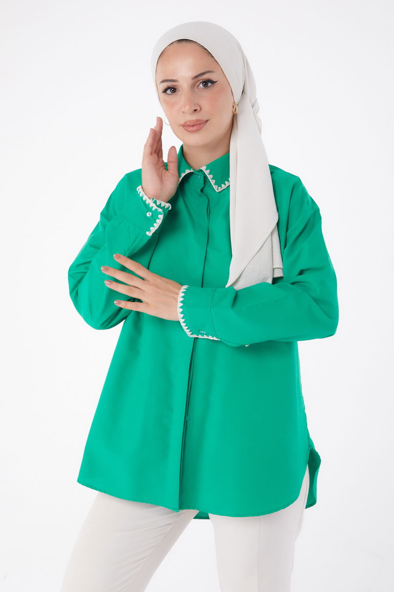 Düz Gömlek Yaka Kadın Yesil Gül Nakışlı Gömlek - 13253 - TOFİSA