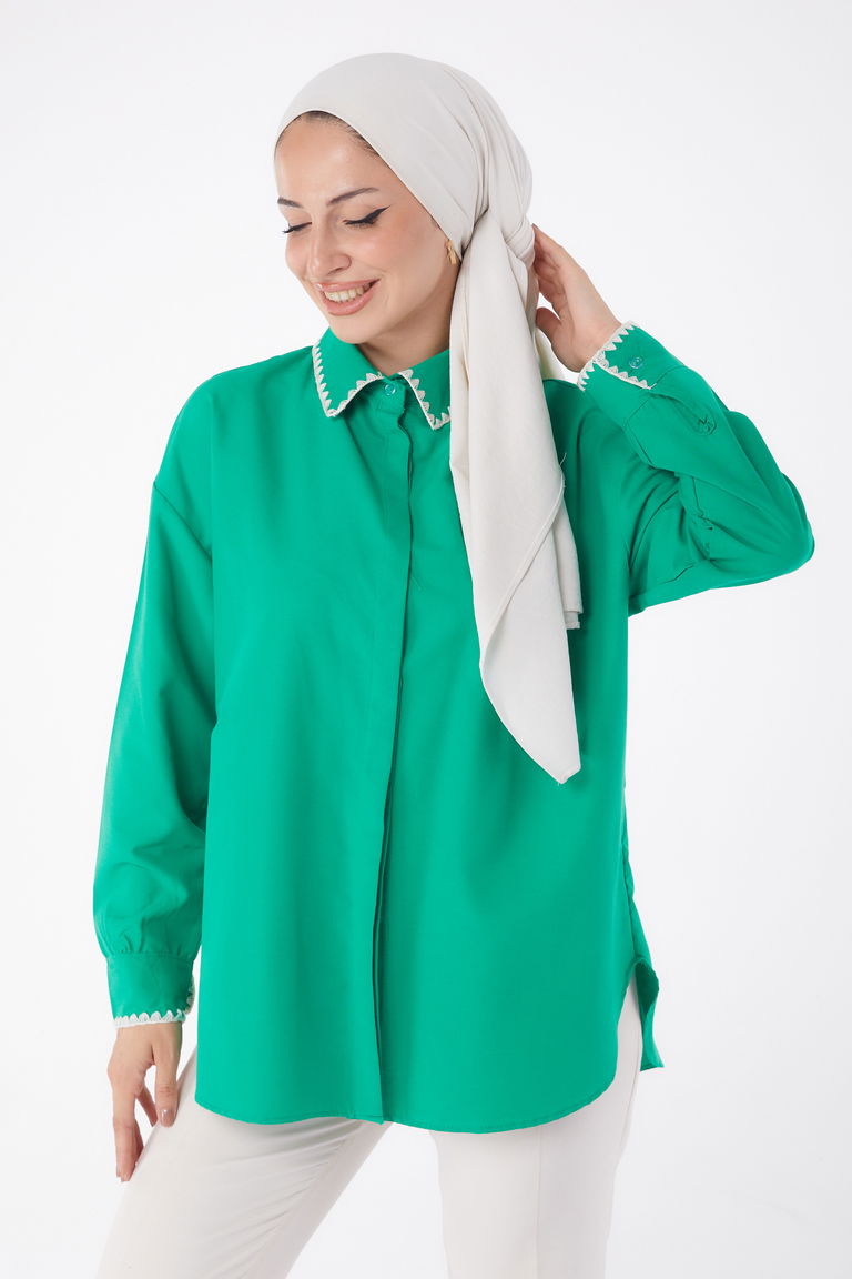 Düz Gömlek Yaka Kadın Yesil Gül Nakışlı Gömlek - 13253 - TOFİSA
