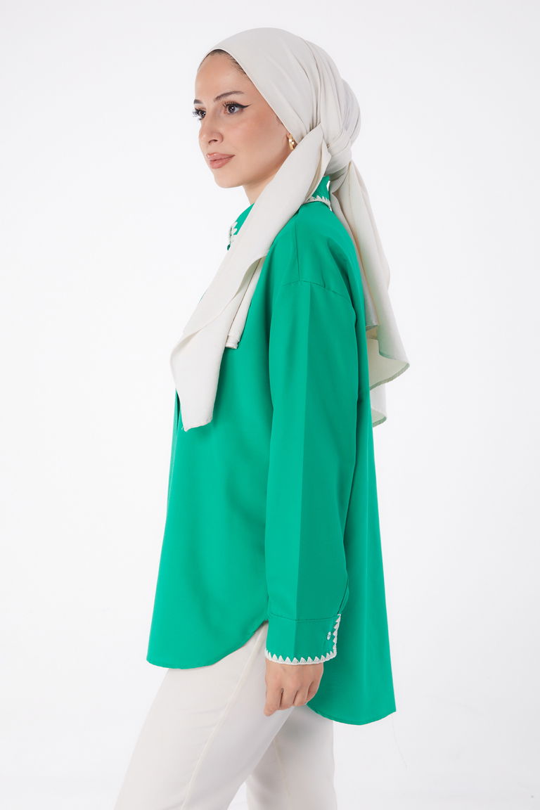 Düz Gömlek Yaka Kadın Yesil Gül Nakışlı Gömlek - 13253 - TOFİSA