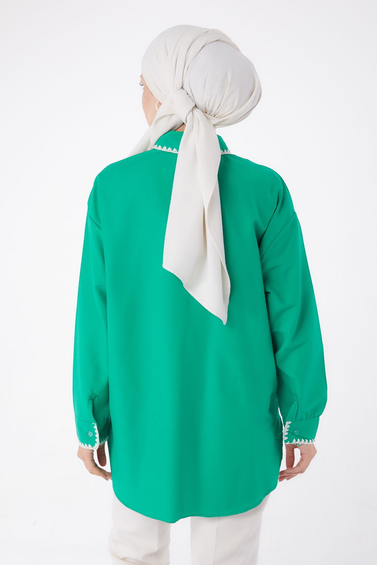 Düz Gömlek Yaka Kadın Yesil Gül Nakışlı Gömlek - 13253 - TOFİSA