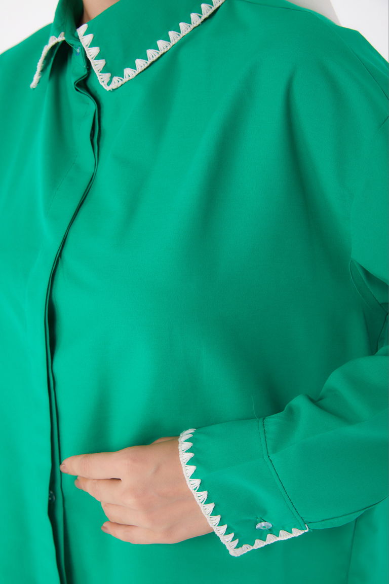 Düz Gömlek Yaka Kadın Yesil Gül Nakışlı Gömlek - 13253 - TOFİSA