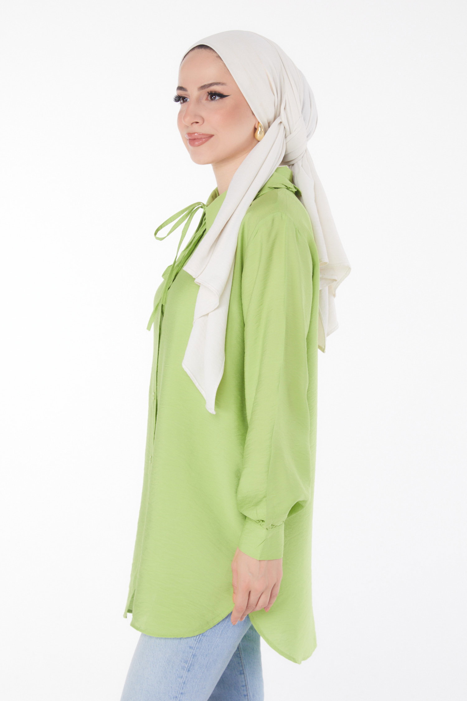 Düz Gömlek Yaka Kadın Yesil İp Detaylı Tunik - 25835 - 3