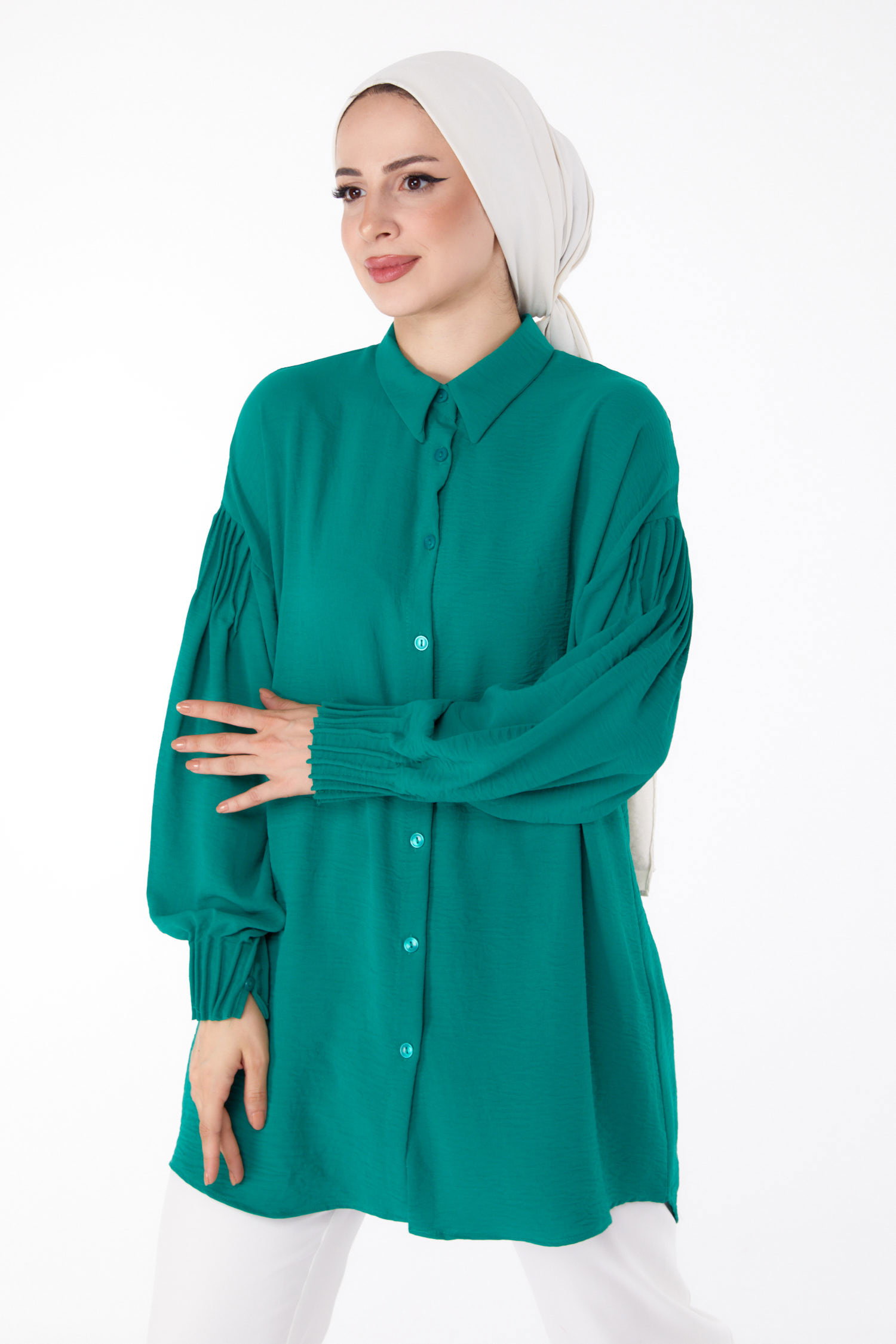 Düz Gömlek Yaka Kadın Yesil Kolu Büzgülü Gömlek - 25686 - 1