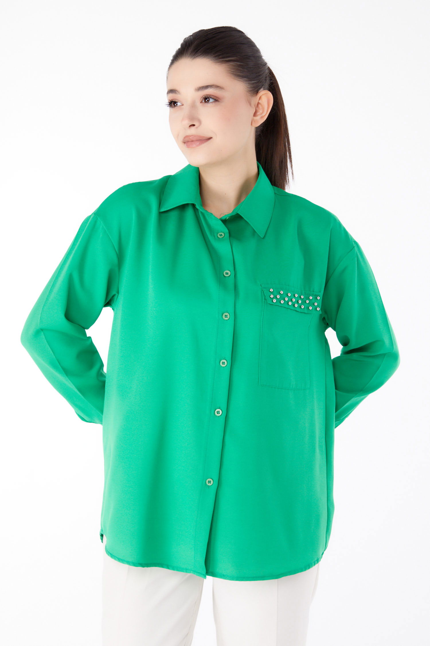 Taş Detaylı Gömlek Yesil - 13194 - 1