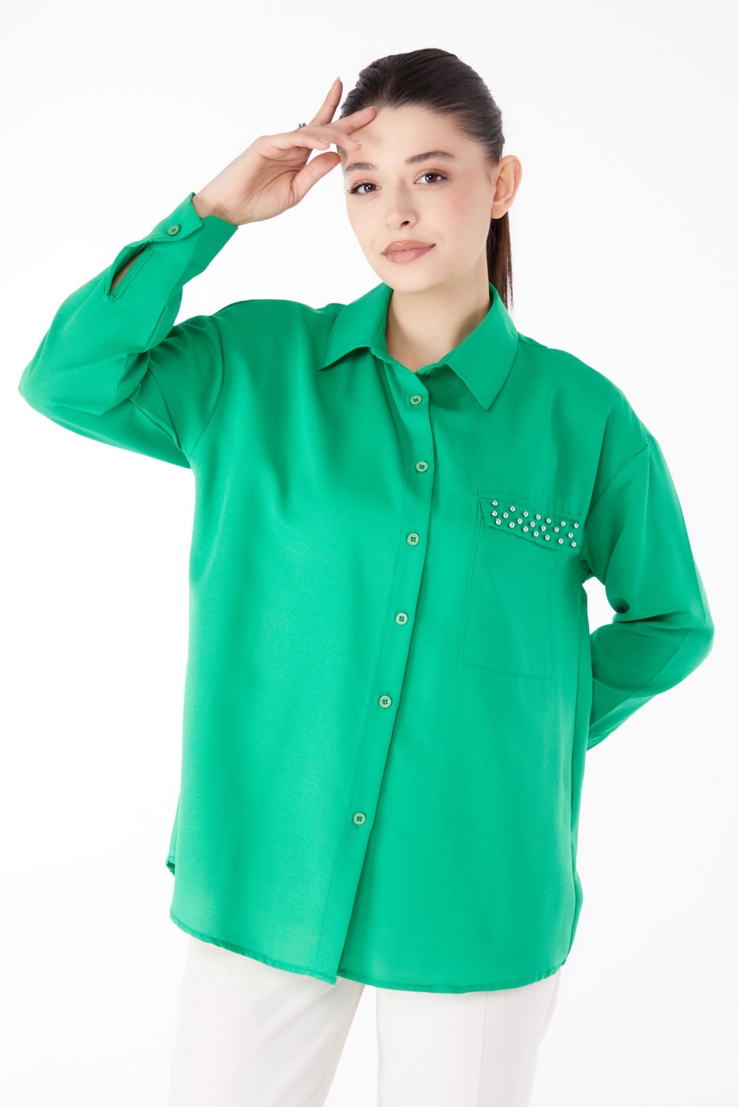 Taş Detaylı Gömlek Yesil - 13194 - 2