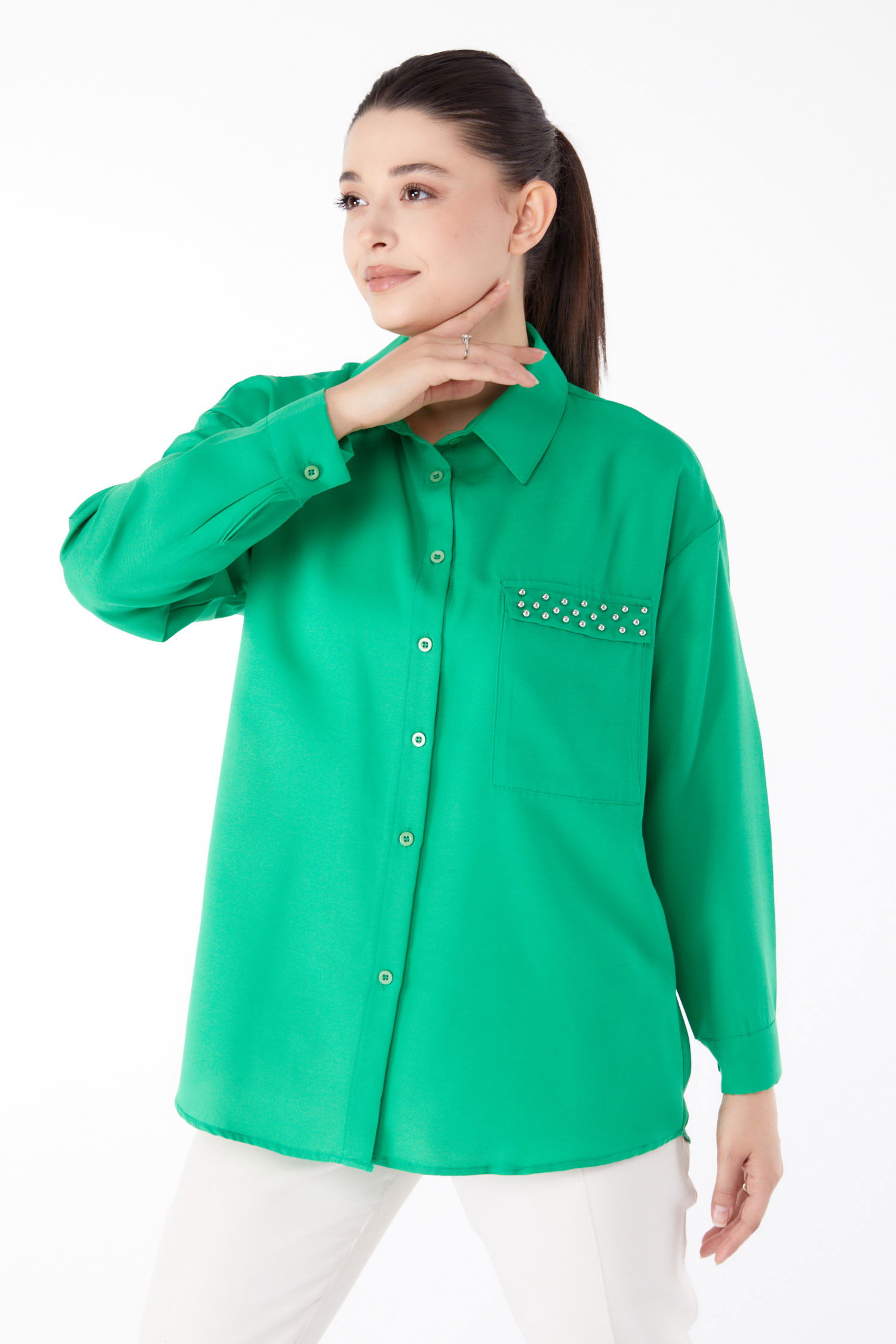 Taş Detaylı Gömlek Yesil - 13194 - 3
