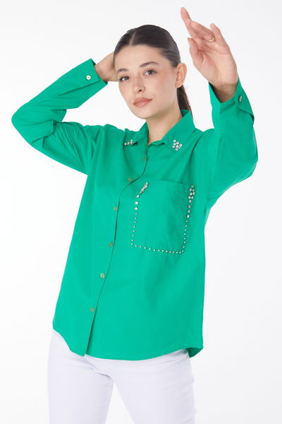 Düz Gömlek Yaka Kadın Yesil Taşlı Gömlek - 25909 