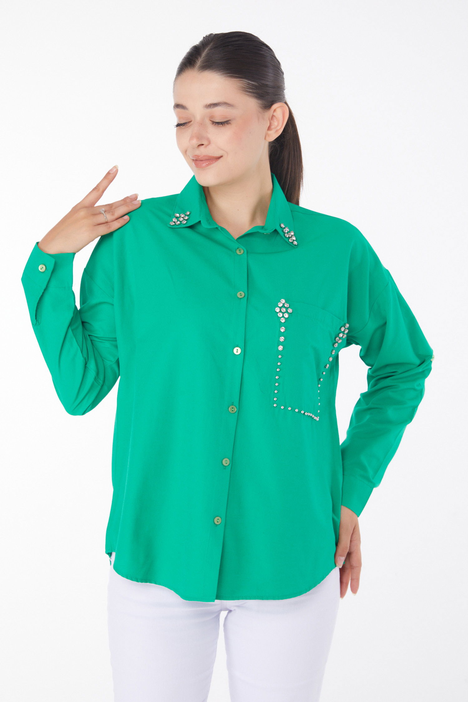 Düz Gömlek Yaka Kadın Yesil Taşlı Gömlek - 25909 - 2