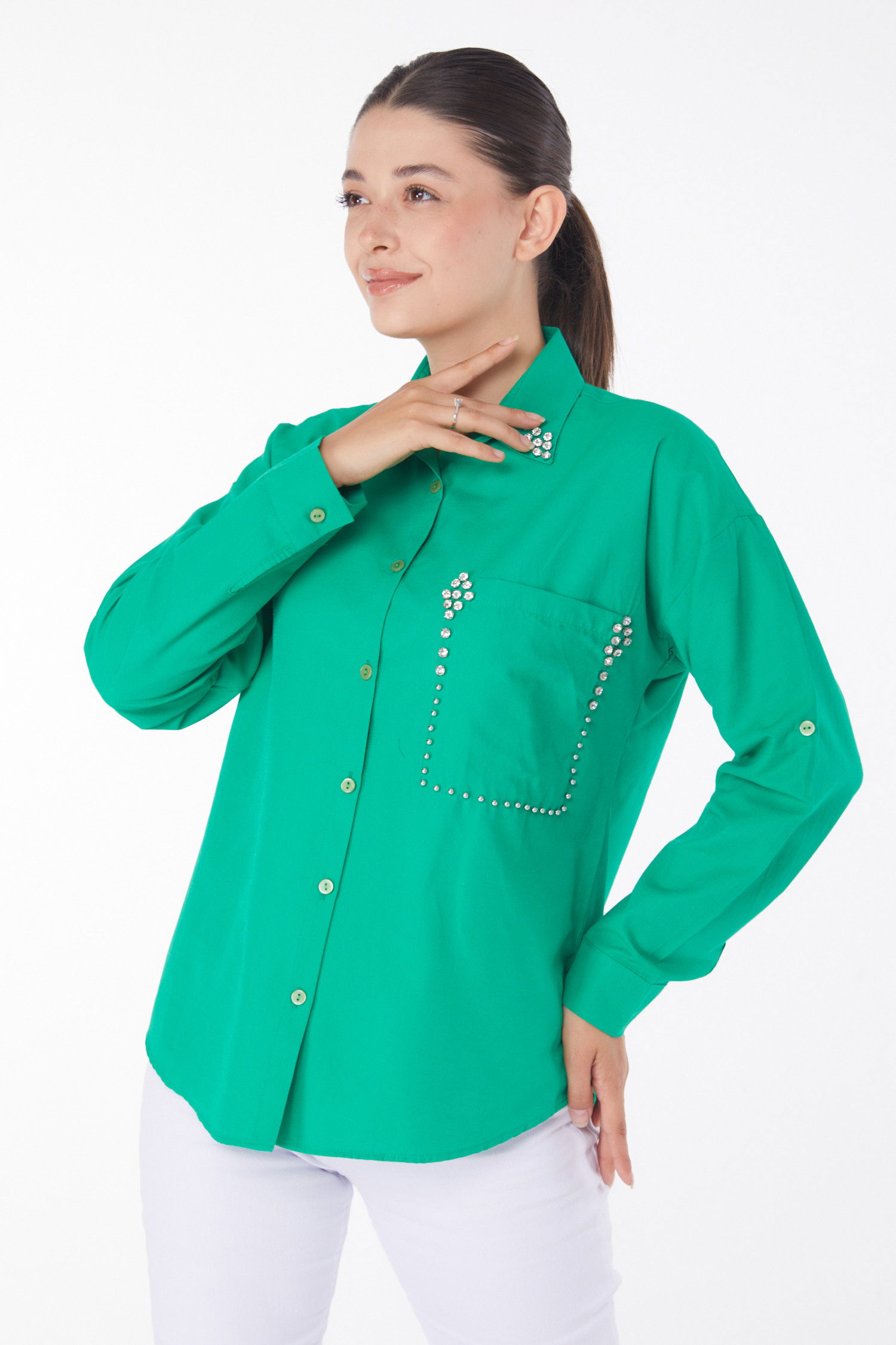 Düz Gömlek Yaka Kadın Yesil Taşlı Gömlek - 25909 - 3