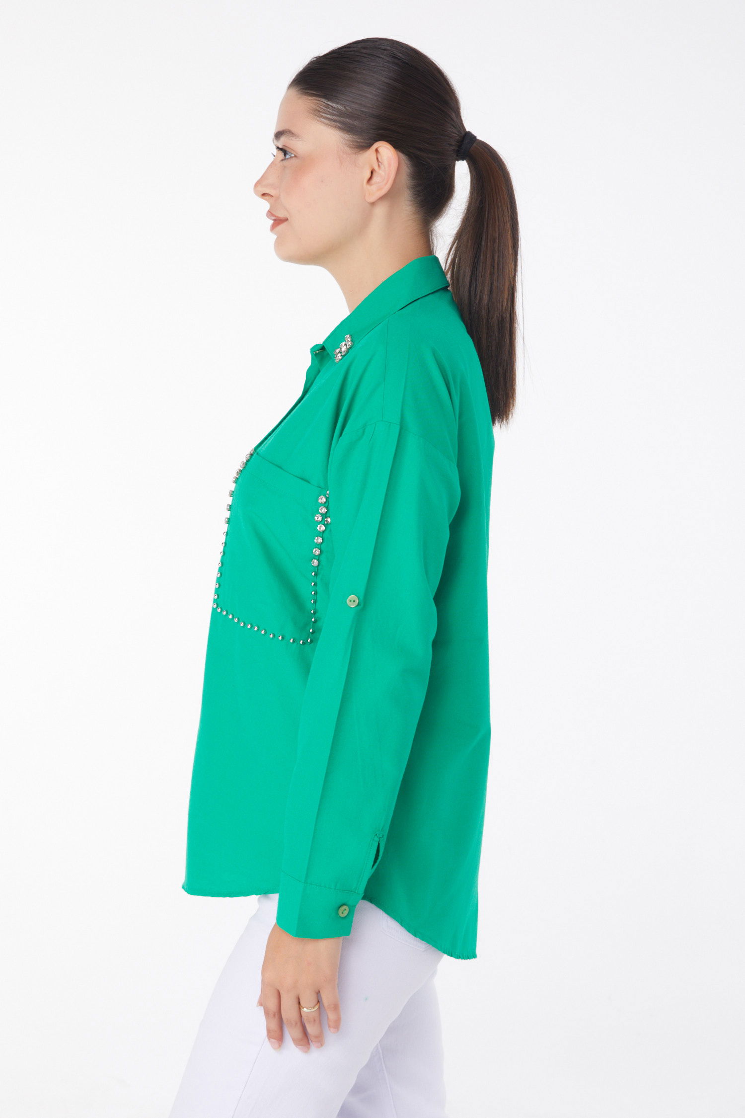 Düz Gömlek Yaka Kadın Yesil Taşlı Gömlek - 25909 - 4