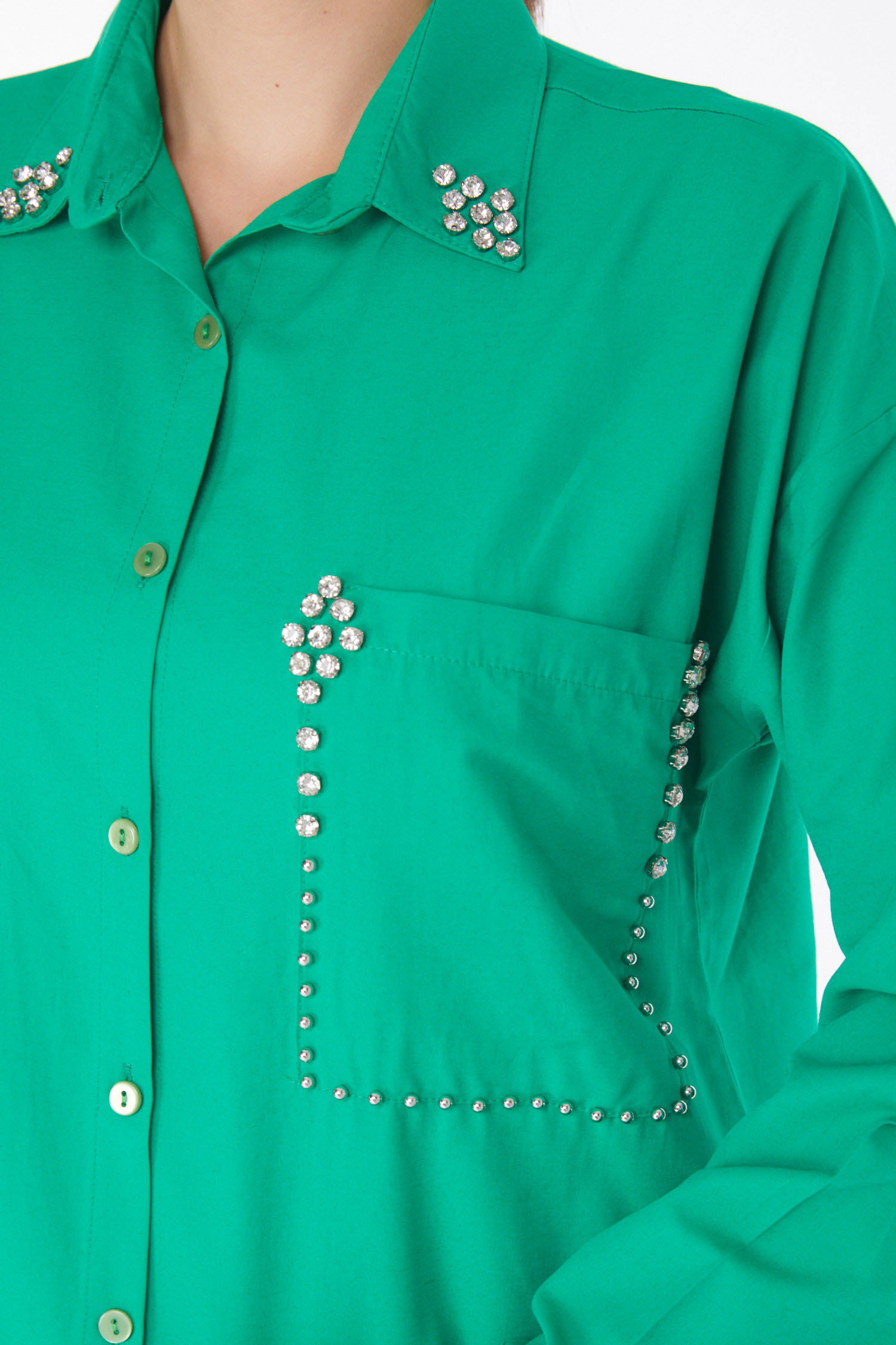 Düz Gömlek Yaka Kadın Yesil Taşlı Gömlek - 25909 - 6