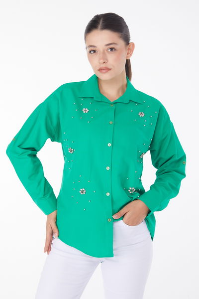Düz Gömlek Yaka Kadın Yesil Taşlı Gömlek - 25910 